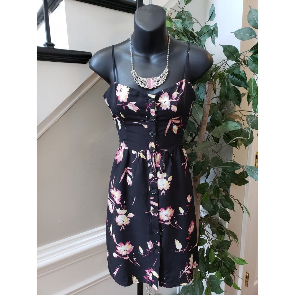 Papaya Shirt Dress Womens M Black Floral Sleeveless Spaghetti Strap Button Front